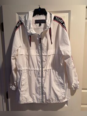 Tommy Hilfiger Women’s XL White Logo Tape Hooded Windbreaker Jacket